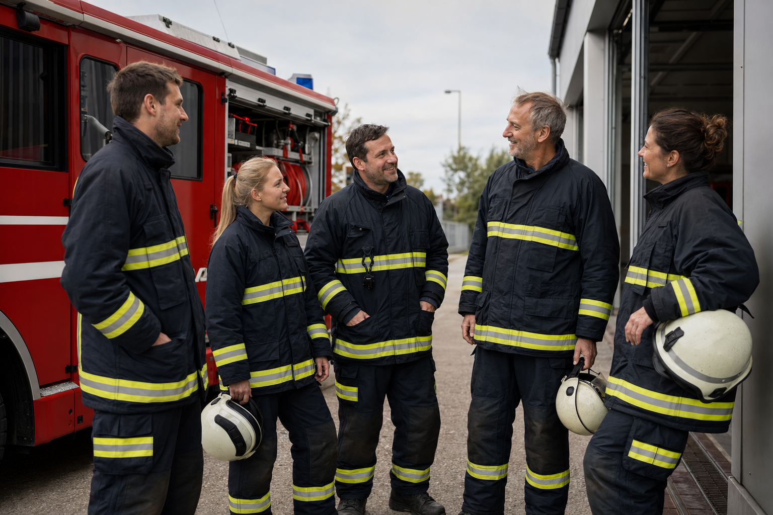 Symbolbild: Feuerwehrangehörige im Gespräch an einem Löschfahrzeug